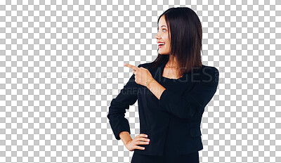 Buy stock photo Happy woman, business and pointing in advertising or marketing isolated on a transparent PNG background. African female person or employee showing deal, promotion or special sale in notification