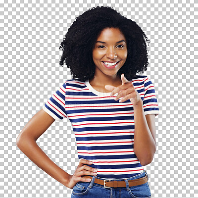 Buy stock photo Happy woman, portrait and pointing in fashion for choice or selection isolated on a transparent PNG background. Face of young female person smile in casual clothing for picking, choose or decision