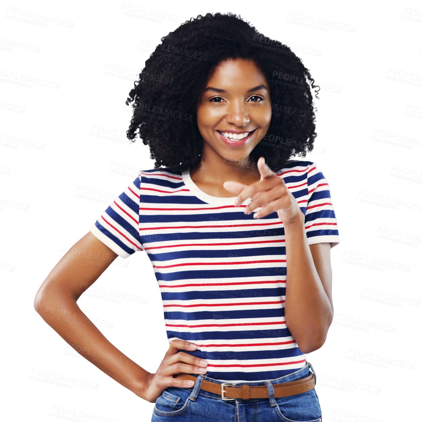 Buy stock photo Happy woman, portrait and pointing in fashion for choice or selection isolated on a transparent PNG background. Face of young female person smile in casual clothing for picking, choose or decision