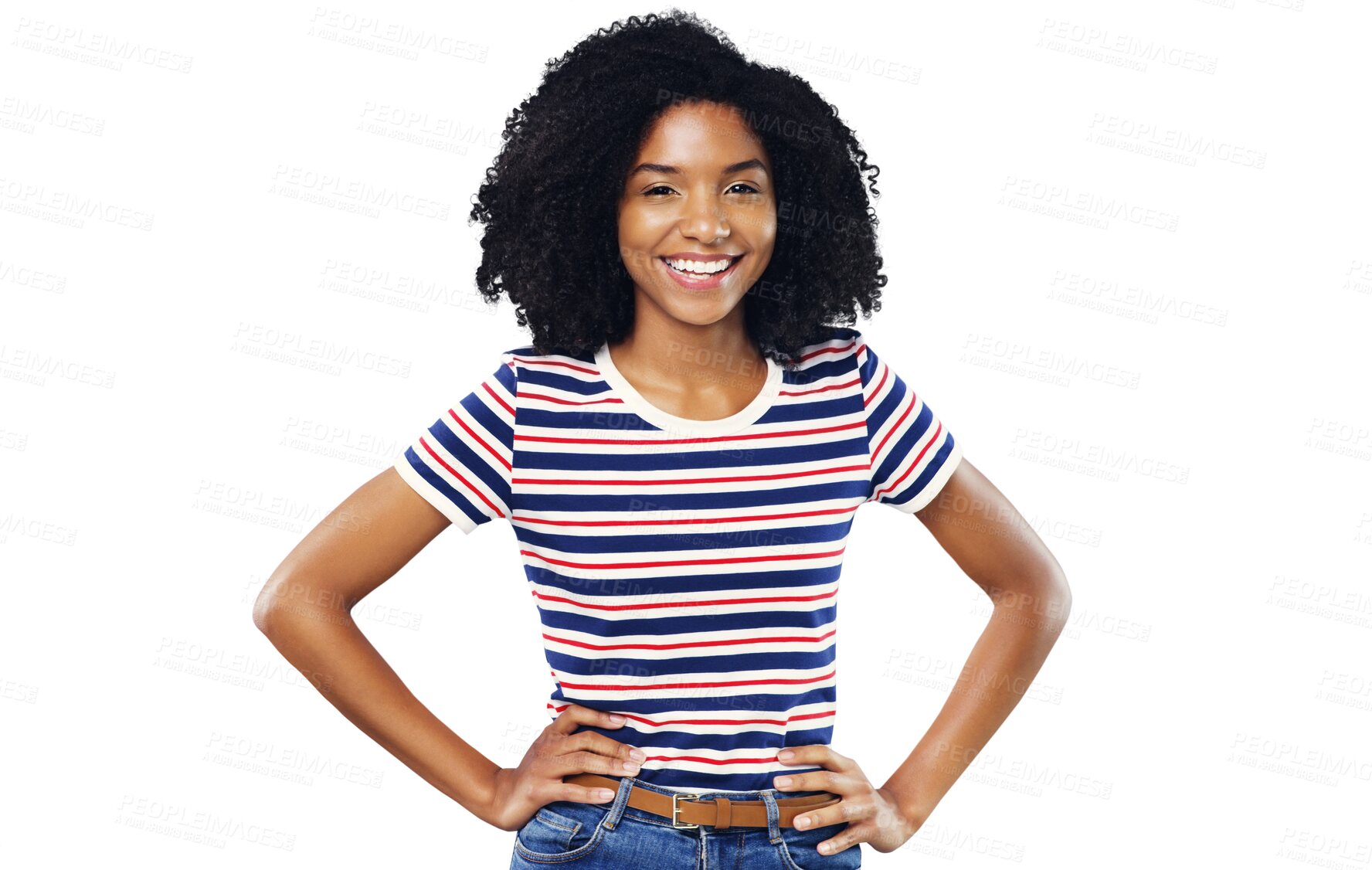 Buy stock photo Black woman, portrait and smile with beauty or fashion or casual outfit isolated on png transparent background. Person, face or happy and confidence, pride or relax for trendy style or cool aesthetic