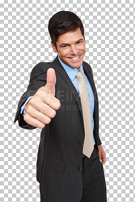 Buy stock photo Smile, portrait and business man with thumbs up support on isolated, transparent or png background. We are hiring, recruitment and entrepreneur face with yes hand emoji, success or goal motivation