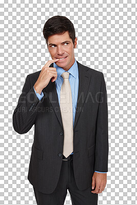 Buy stock photo Thinking, anxiety and business man biting nails with stress on isolated, transparent or png background. Doubt, mistake or male entrepreneur with hand gesture for worry, nervous or overthinking crisis