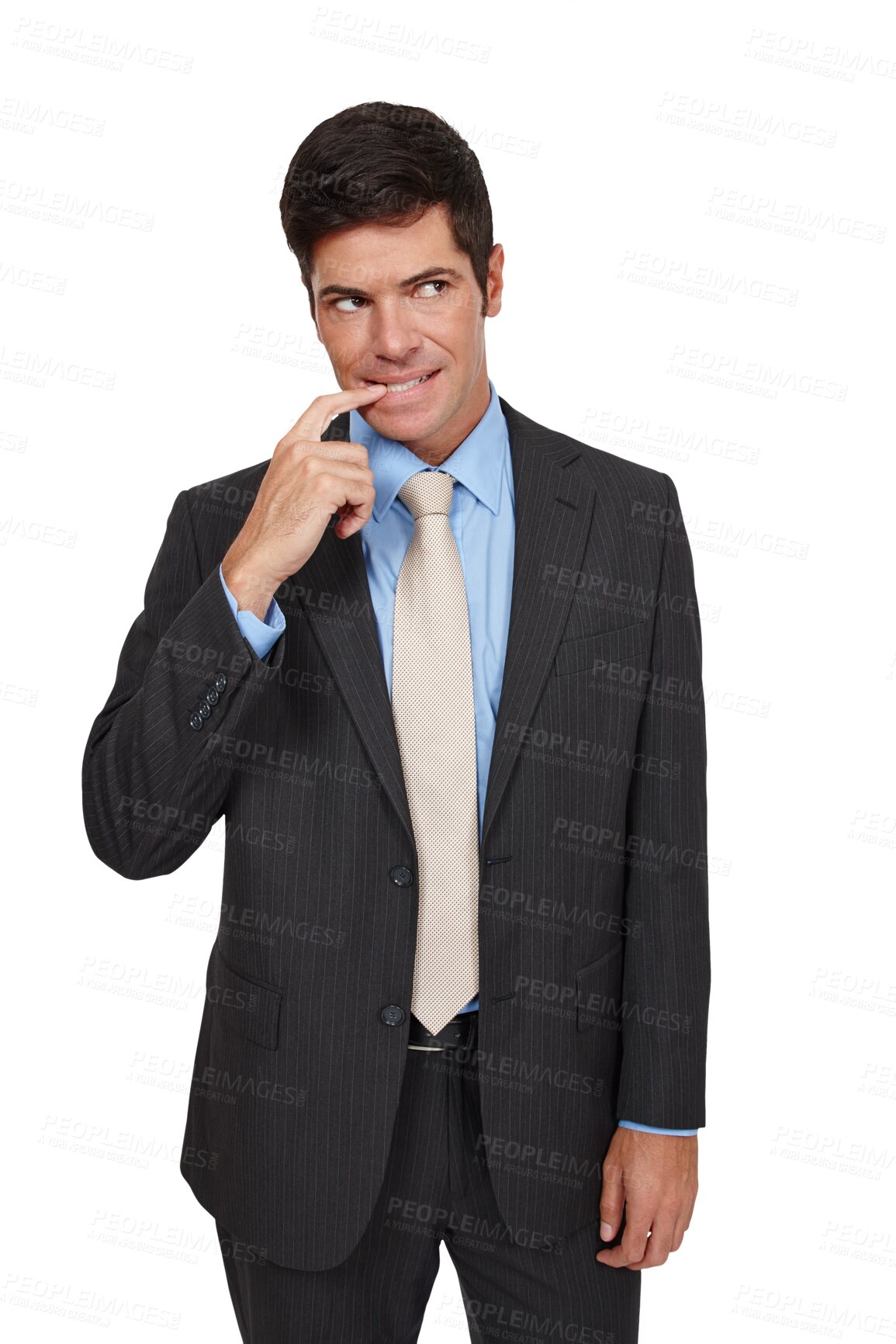 Buy stock photo Thinking, anxiety and business man biting nails with stress on isolated, transparent or png background. Doubt, mistake or male entrepreneur with hand gesture for worry, nervous or overthinking crisis