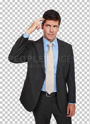 Buy stock photo Thinking, confused and business man scratching head with questions on isolated, transparent or png background. Why, doubt and face of mature entrepreneur with emoji sign for forget, mistake or oops