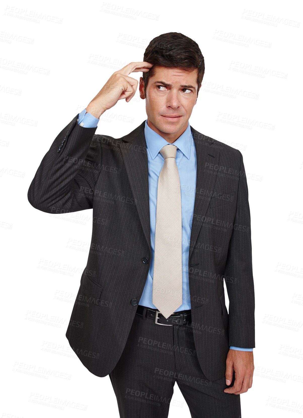 Buy stock photo Thinking, confused and business man scratching head with questions on isolated, transparent or png background. Why, doubt and face of mature entrepreneur with emoji sign for forget, mistake or oops