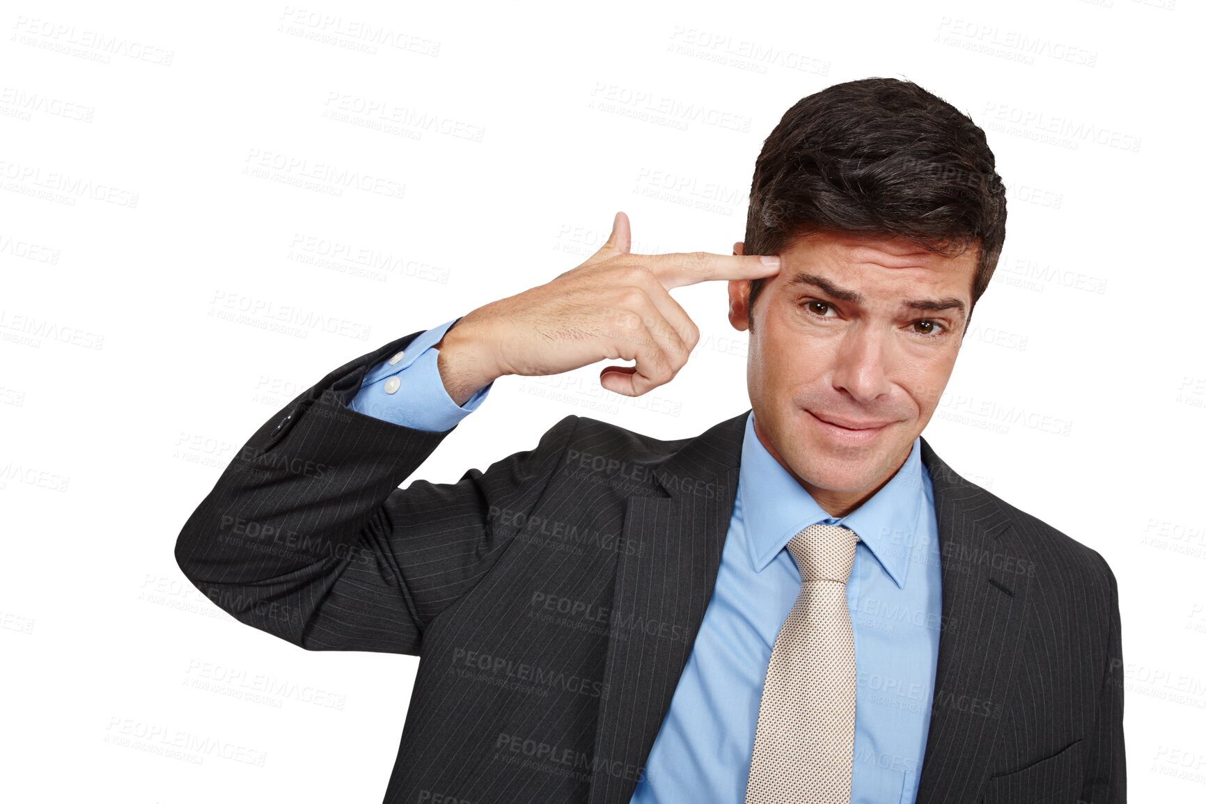 Buy stock photo Depression, portrait or business man with hand gun on isolated, transparent or png background. Stress, anxiety or entrepreneur face with shooting weapon, finger or burnout sign for corporate pressure