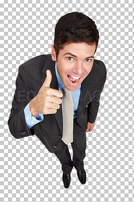 Buy stock photo Excited, portrait and business man with thumbs up support on isolated, transparent or png background. Hiring, recruitment and above entrepreneur face with yes hand emoji, success or goal motivation