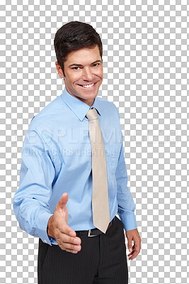 Buy stock photo Portrait, smile and business man with handshake offer on isolated, transparent or png background. Face, welcome and male entrepreneur with shaking hands emoji for thank you, support or pov b2b deal