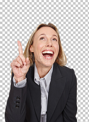 Buy stock photo Excited face, business woman and pointing up at corporate offer, announcement and agency ads commercial. Service presentation, sales news or company consultant isolated on transparent, png background