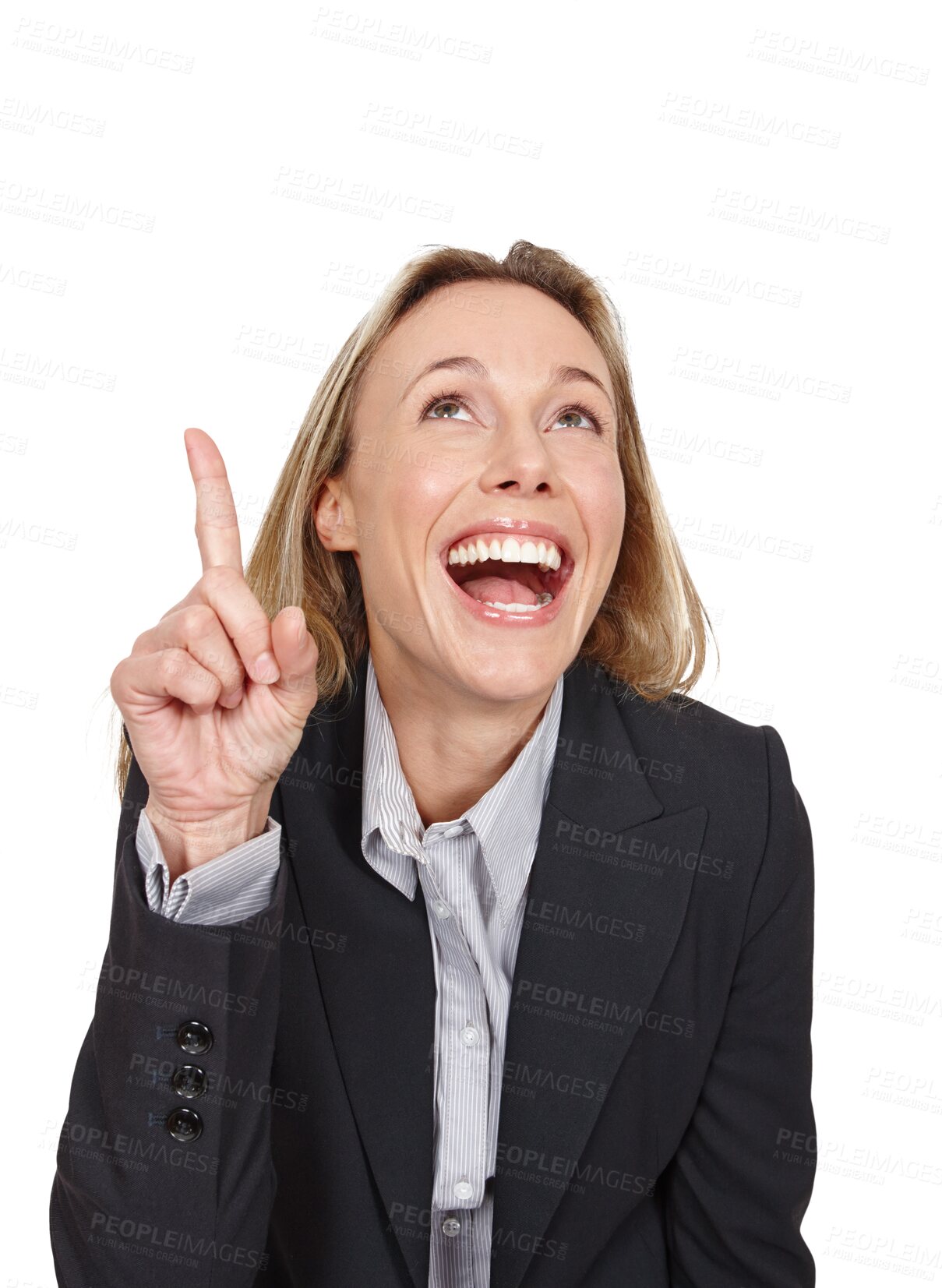 Buy stock photo Excited face, business woman and pointing up at corporate offer, announcement and agency ads commercial. Service presentation, sales news or company consultant isolated on transparent, png background