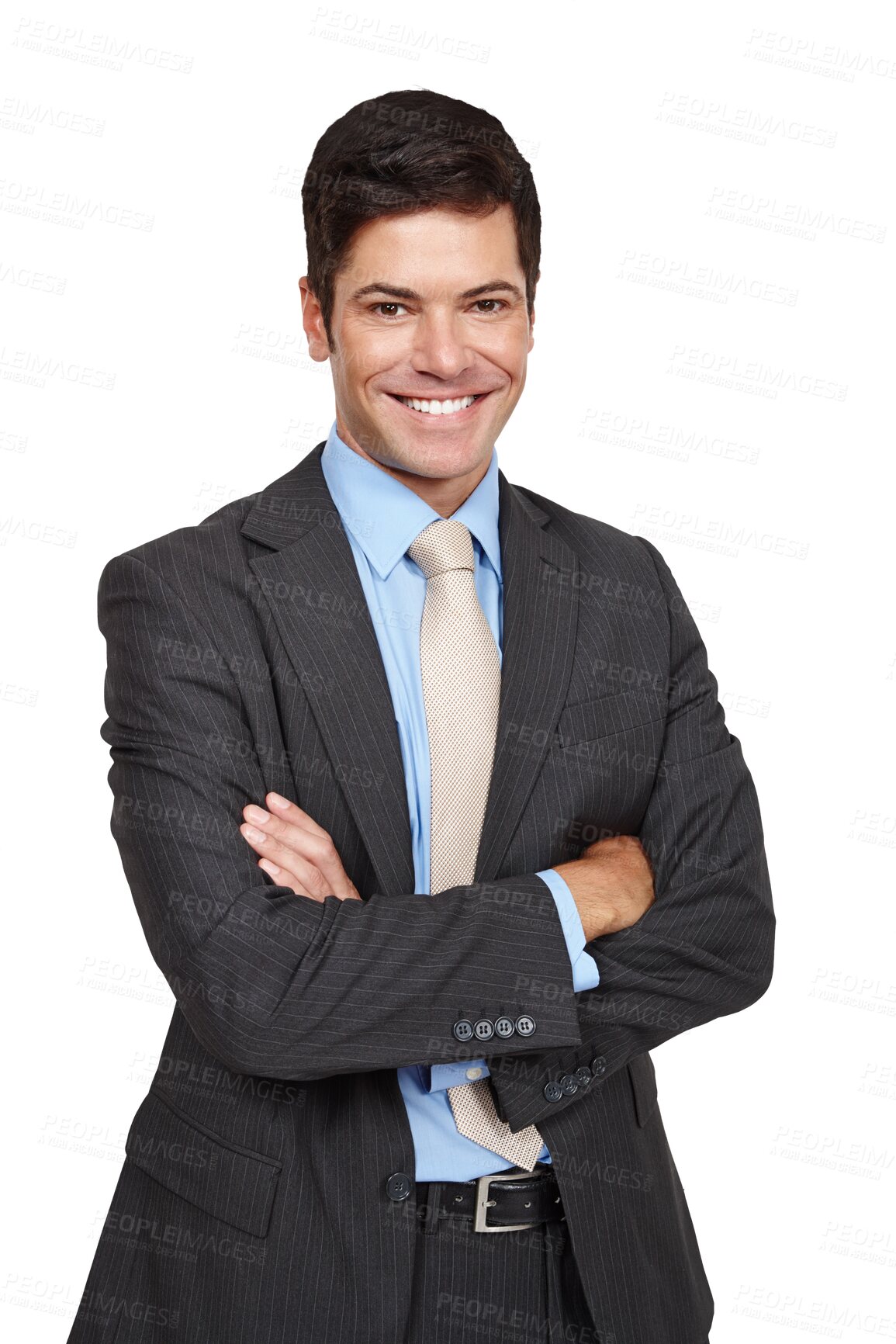 Buy stock photo Businessman, happy and portrait with arms crossed in professional style, consultant and corporate career. Smile, face and employee with suit for job pride and isolated on transparent png background