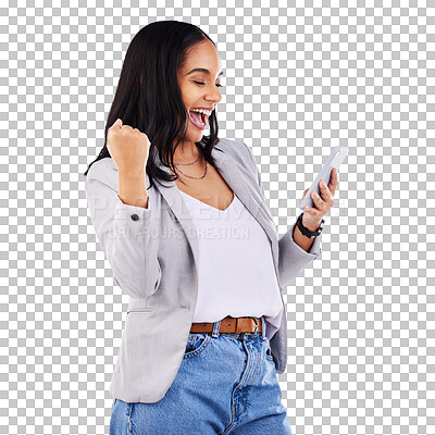 Buy stock photo Woman, cellphone and celebration winner fist or competition victory, good news or isolated on transparent png background. Female person, digital device and happy message, wow excited for discount