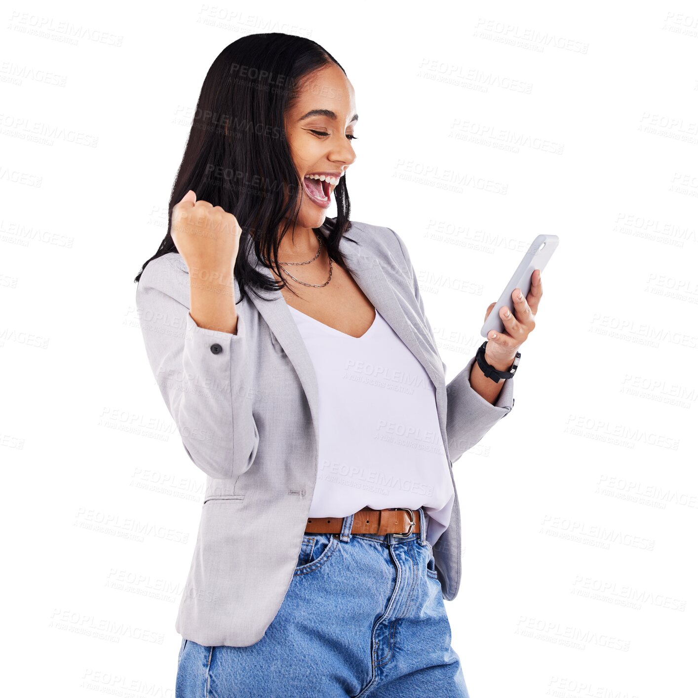 Buy stock photo Woman, cellphone and celebration winner fist or competition victory, good news or isolated on transparent png background. Female person, digital device and happy message, wow excited for discount