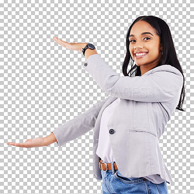 Buy stock photo Advertising, woman portrait and big hand size for product space, brand logo design or sales announcement. Commercial, presentation and happy branding person or isolated on transparent png background