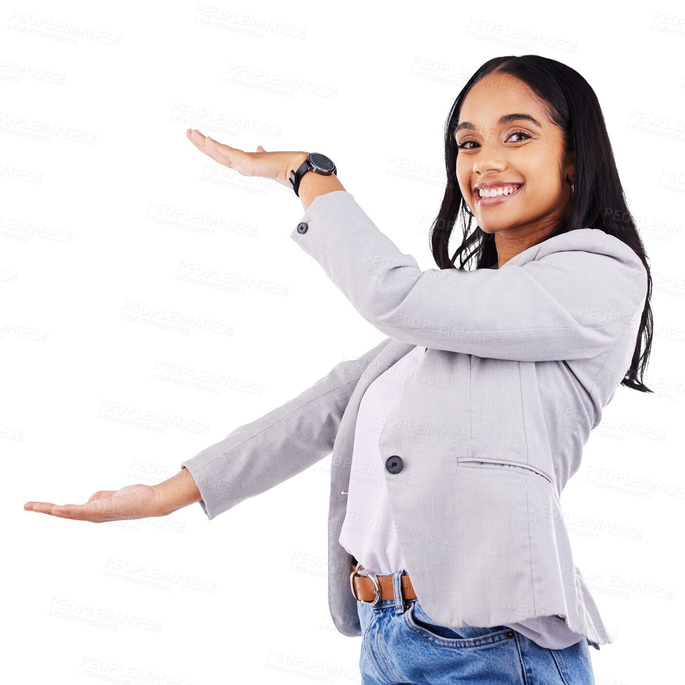 Buy stock photo Advertising, woman portrait and big hand size for product space, brand logo design or sales announcement. Commercial, presentation and happy branding person or isolated on transparent png background