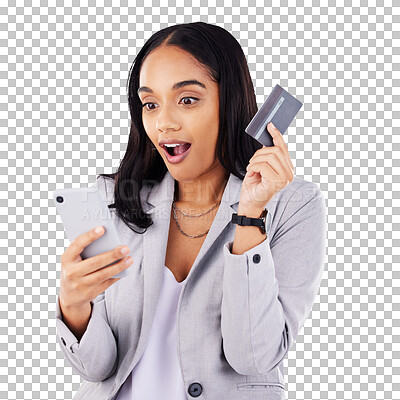 Buy stock photo Woman, phone and credit card for payment, wow and shopping or fintech, investment and internet. Happy female person, finance and saving or plastic, banking and isolated on transparent png background