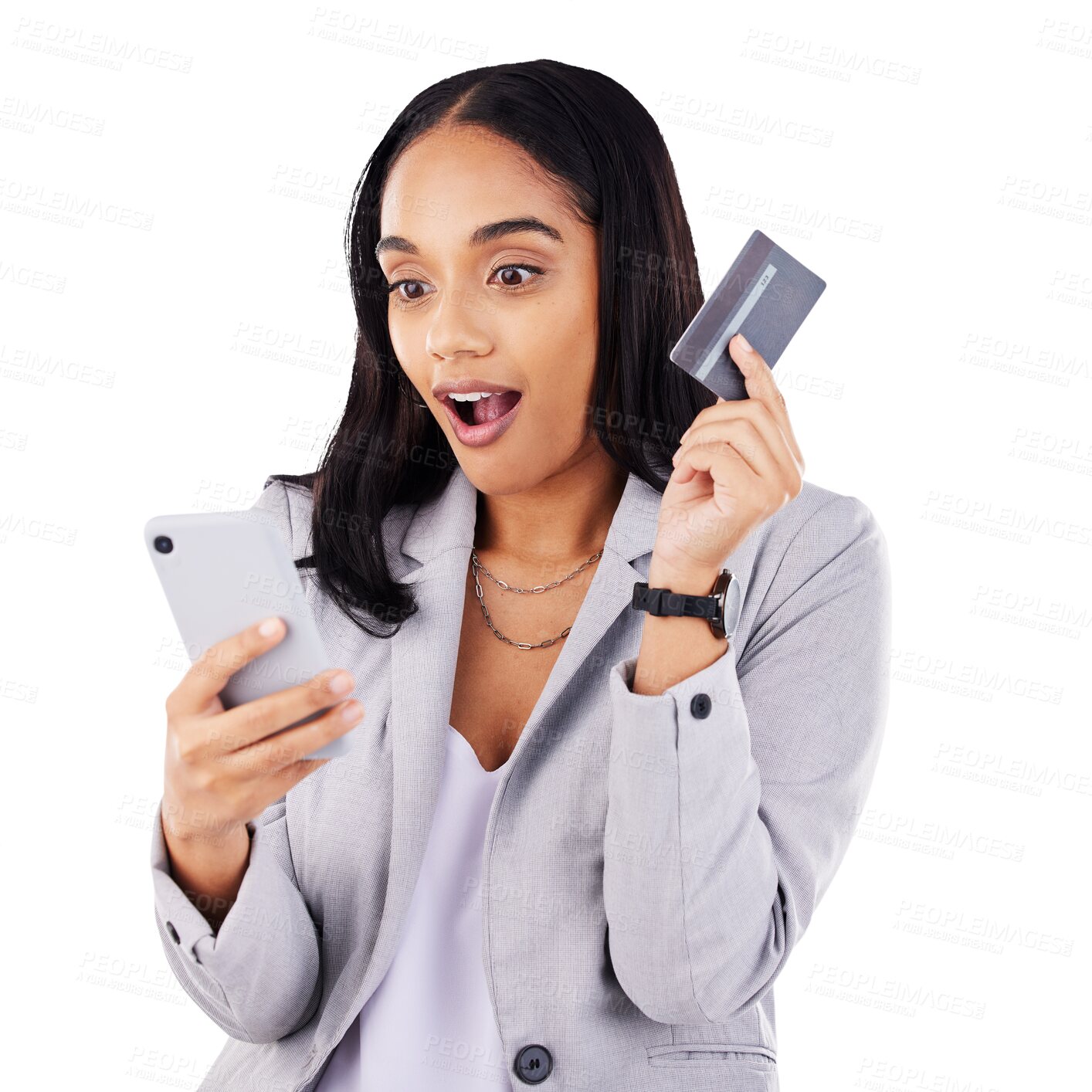 Buy stock photo Woman, phone and credit card for payment, wow and shopping or fintech, investment and internet. Happy female person, finance and saving or plastic, banking and isolated on transparent png background