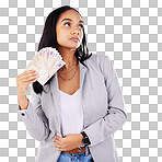 Woman, winner and money fan in studio from casino, award or cashback award on white background. Poker, gambling and lady with cash prize from investment, bingo or savings success or financial freedom