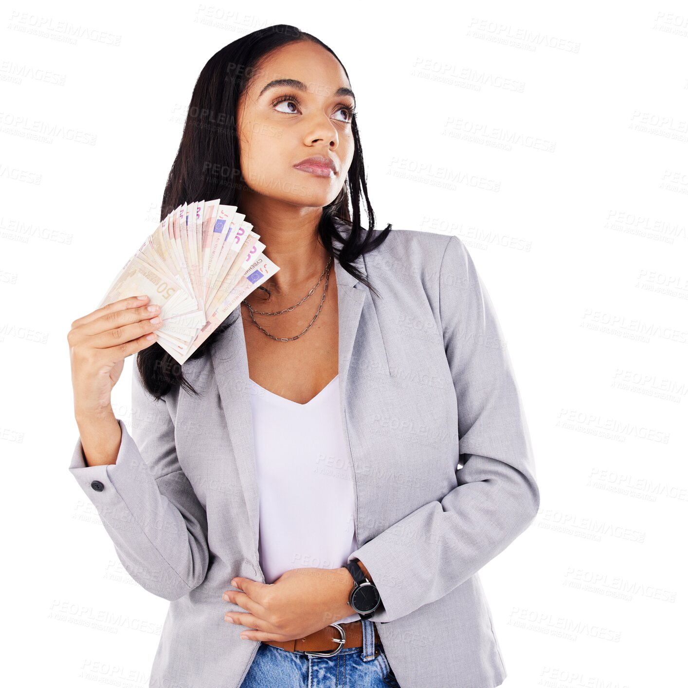 Buy stock photo Woman, cash fan and money or finance, wealth and investment or paper, cashback and salary growth. Female person, profit and bonus or winner of lottery, rich and isolated on transparent png background