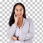 Business woman, thinking and portrait with glasses in studio with planning and decision. Female person, professional and ideas for work and career with strategy and choice feeling happy from vision