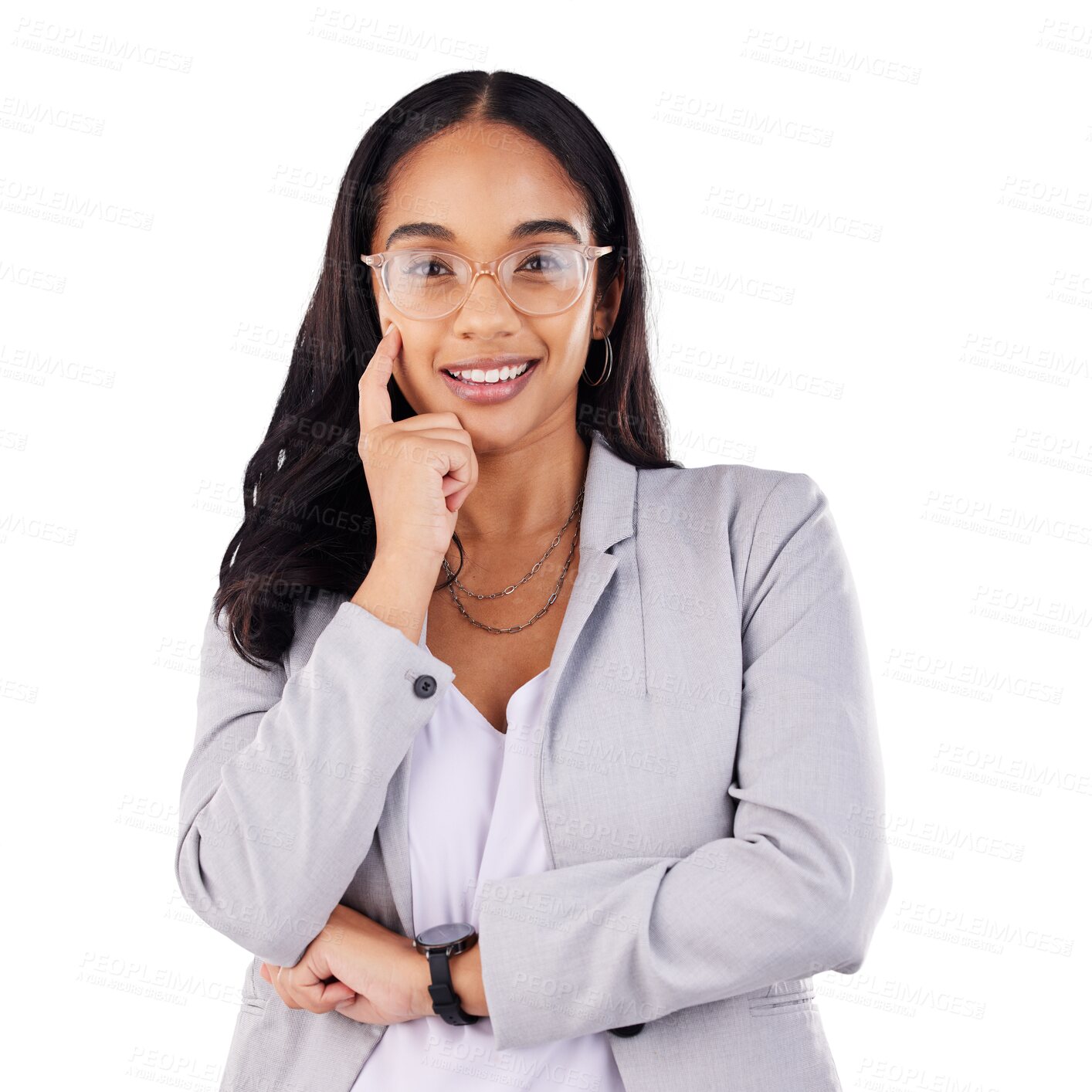 Buy stock photo Business woman, thinking and portrait in glasses, vision and confident lawyer isolated on a transparent png background. Happy face in eyewear, professional attorney and worker or employee in Brazil