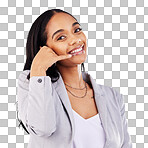 Phone call gesture, business portrait or happy woman, studio consultant or agent for networking communication. Cellphone emoji icon, conversation or professional consulting person on white background