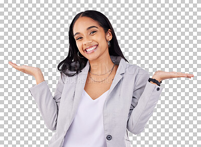 Buy stock photo Business woman, shrug and happy for choice, decision or palm with offer of job opportunity. Portrait of a professional worker with comparison hands or emoji isolated on a transparent, PNG background