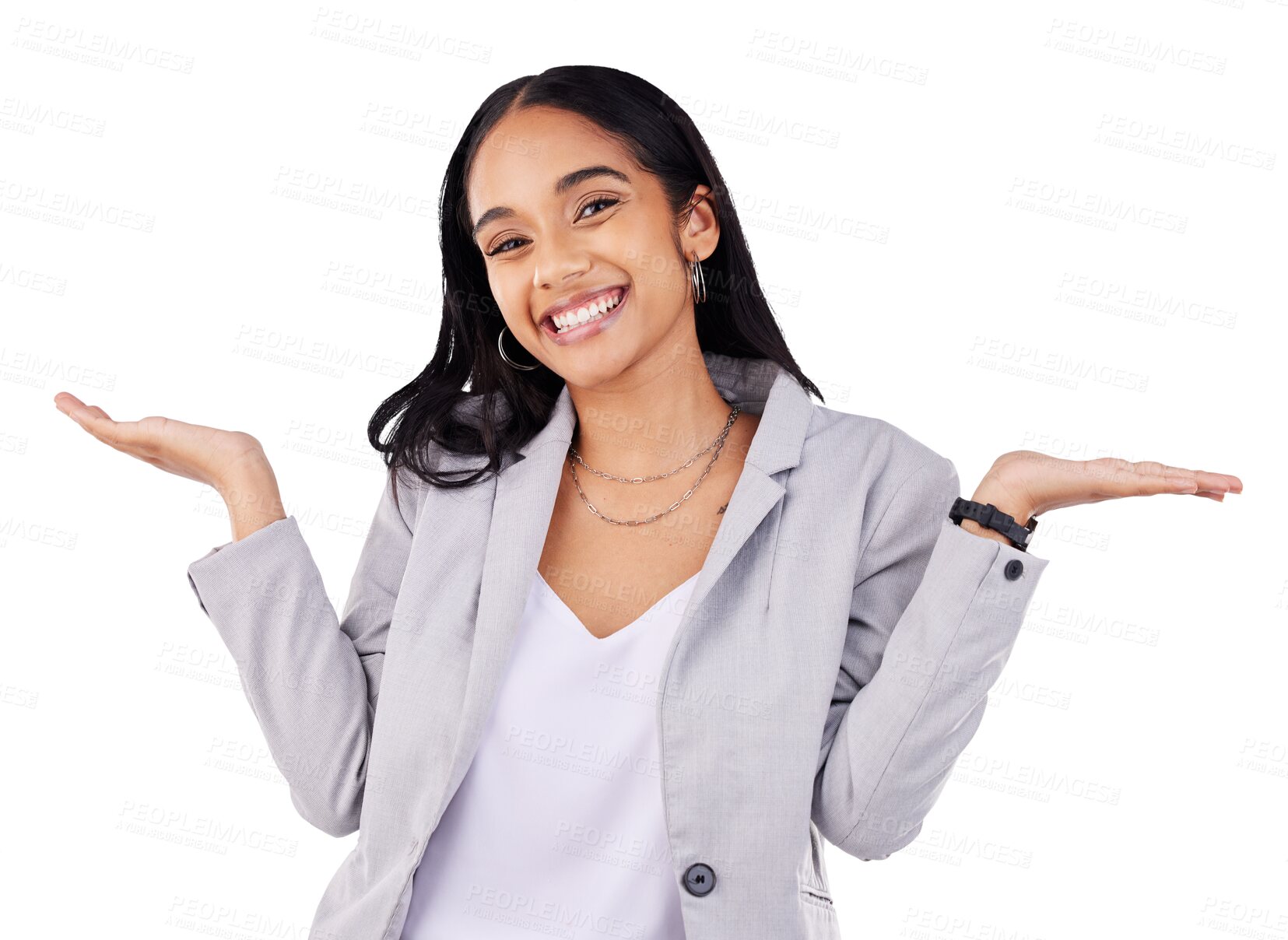 Buy stock photo Business woman, shrug and happy for choice, decision or palm with offer of job opportunity. Portrait of a professional worker with comparison hands or emoji isolated on a transparent, PNG background