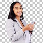 Business woman, portrait and smartphone typing in studio for social network, mobile website and internet contact. Happy female worker, cellphone and app user download online media on white background