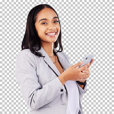 Buy stock photo Business woman, phone and happy portrait for marketing communication, social media and chat or networking. Face of professional worker with mobile for contact isolated on a transparent PNG background