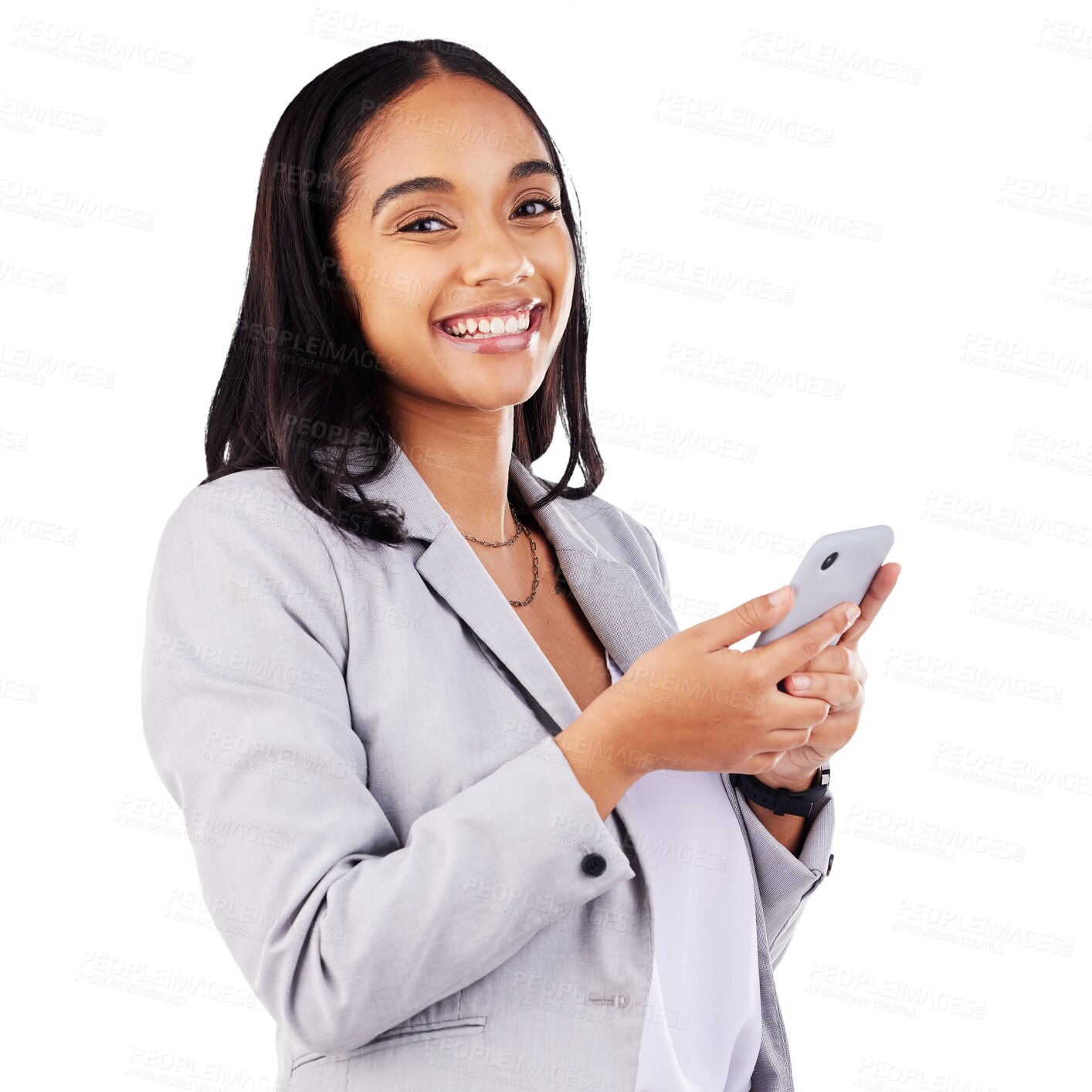 Buy stock photo Business woman, phone and happy portrait for marketing communication, social media and chat or networking. Face of professional worker with mobile for contact isolated on a transparent PNG background