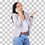 Cellphone call, studio and happy business woman, designer or person talking, speaking and listen to mobile contact. Smartphone user, conversation smile and female model discussion on white background