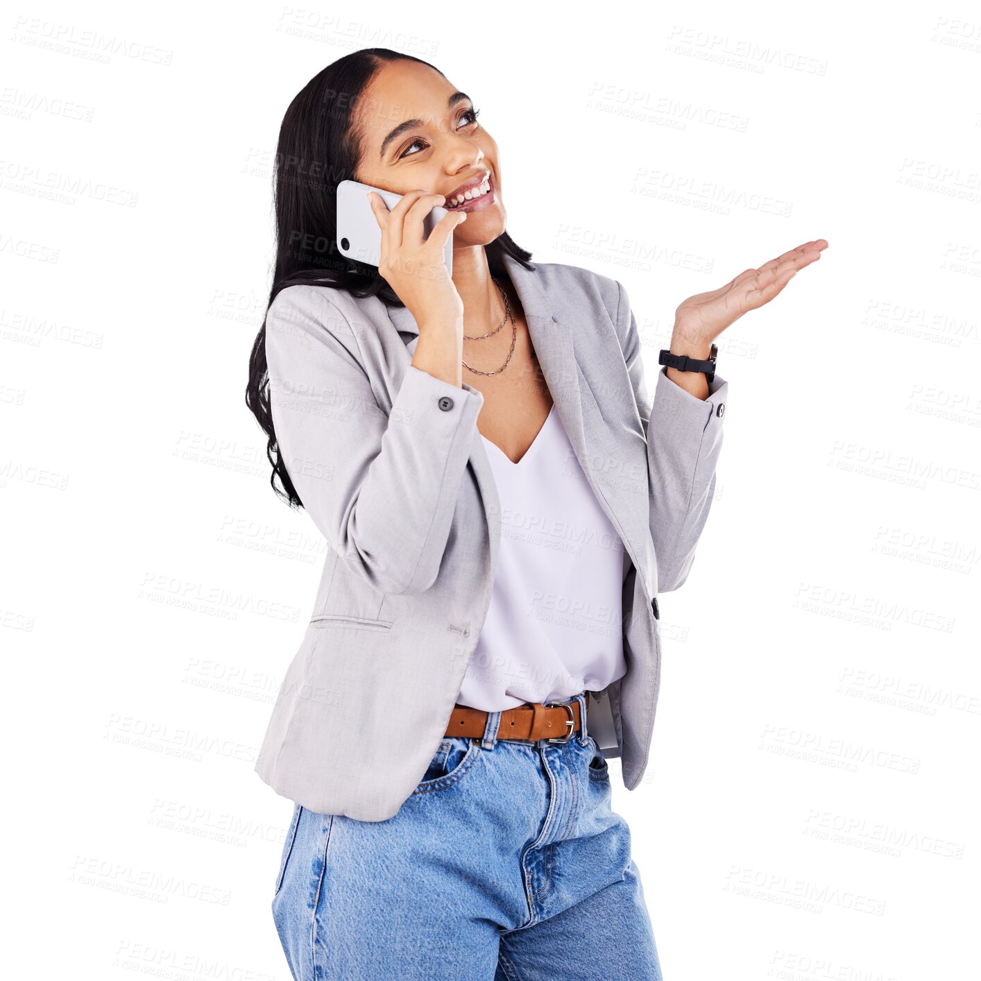 Buy stock photo Woman, phone call and communication or smile, internet and network or connection, tech and hello. Female person, smartphone and discussion or contact, happy and isolated on transparent png background