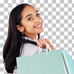 Portrait, woman and shopping bag in studio, white background or fashion deal in retail product. Happy face of rich customer, gift bags or luxury present from mall, discount market and sales promotion