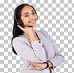 Call center, portrait and woman in studio for customer service, sales advice or support on white background. Face of CRM consultant, receptionist or happy communication of FAQ telemarketing questions