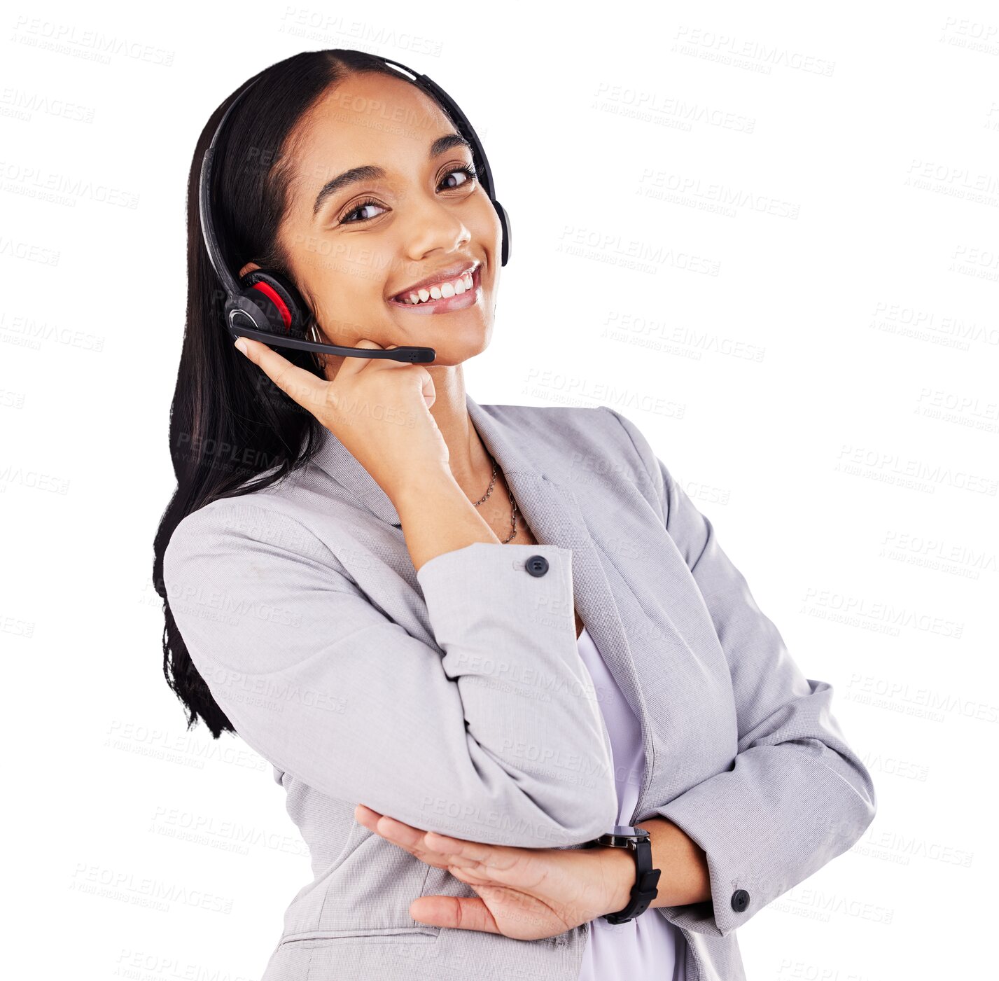 Buy stock photo Business woman, call center and portrait for communication, customer service or e commerce support. Happy face of consultant or agent with headphones for advice isolated on transparent PNG background