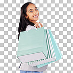 Portrait, woman and bag of shopping in studio, white background and fashion deal in retail package. Happy female customer, gift bags and luxury present from mall, discount market and sales promotion