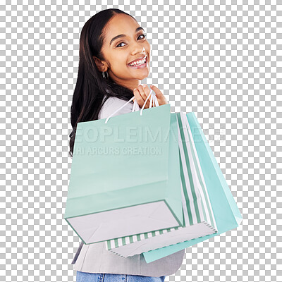 Buy stock photo Portrait, woman and bag for shopping, fashion or deal with retail package. Happy female customer, gift bags and luxury present from mall on isolated or transparent png background for sales promotion