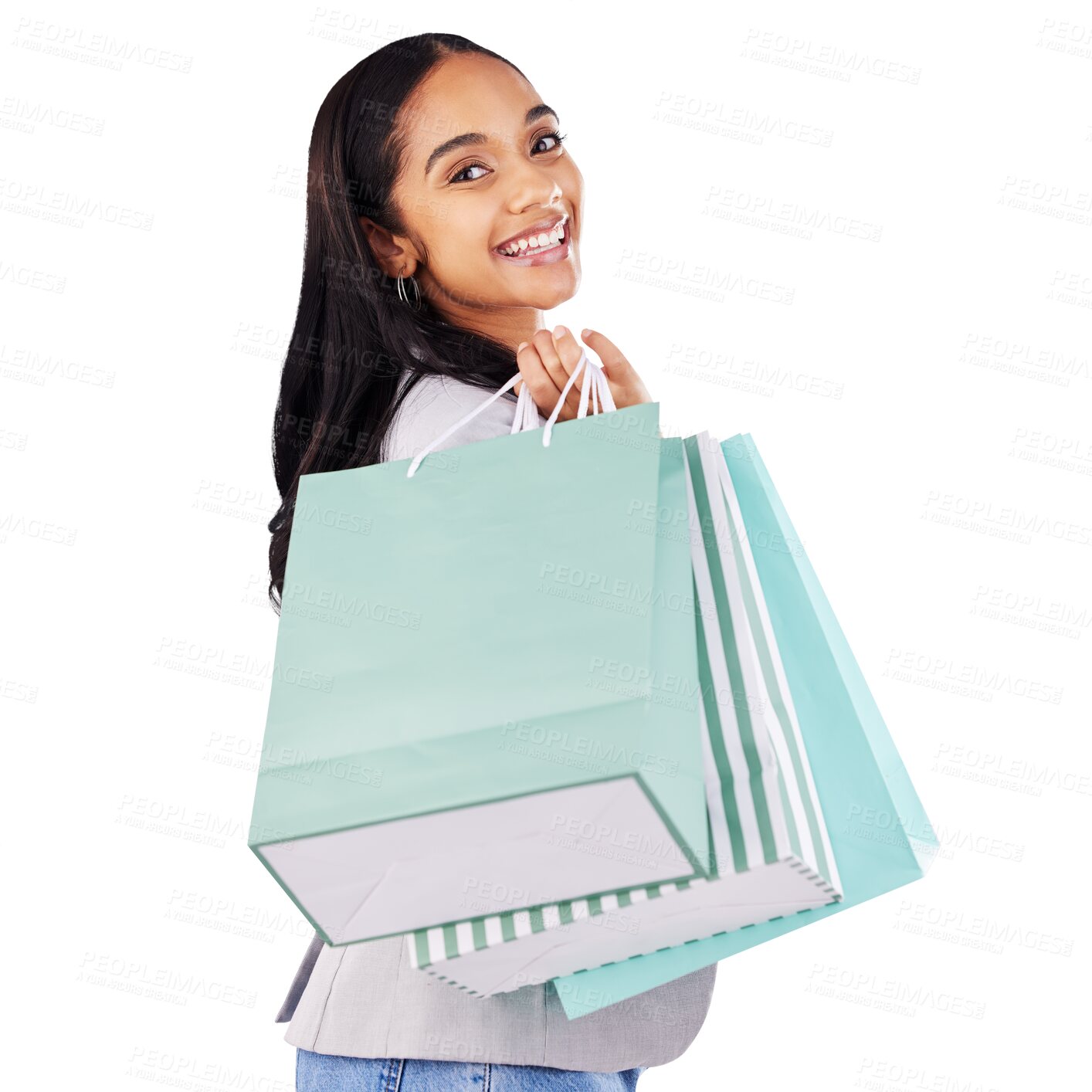 Buy stock photo Portrait, woman and bag for shopping, fashion or deal with retail package. Happy female customer, gift bags and luxury present from mall on isolated or transparent png background for sales promotion