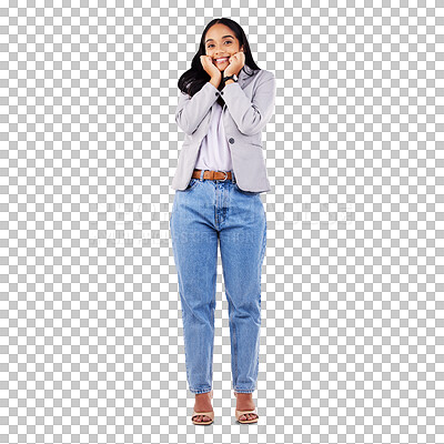 Buy stock photo Excited, shy and hands on face of woman on isolated, transparent or png background. Wow, news or portrait of happy female model with giveaway, deal or competition info, offer or coming soon suspense