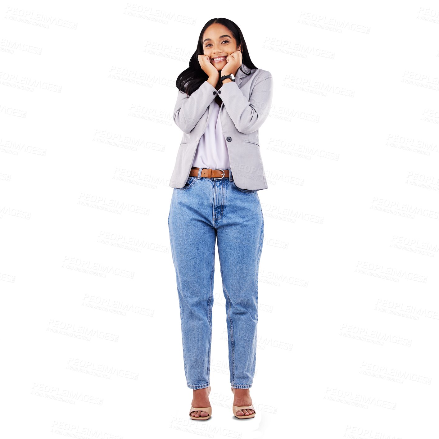 Buy stock photo Excited, shy and hands on face of woman on isolated, transparent or png background. Wow, news or portrait of happy female model with giveaway, deal or competition info, offer or coming soon suspense