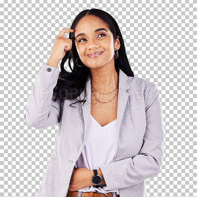 Buy stock photo Face, businesswoman and thinking of vision with smile for future, planning and decision. Female person, professional and doubt for work, career and strategy on isolated or transparent png background