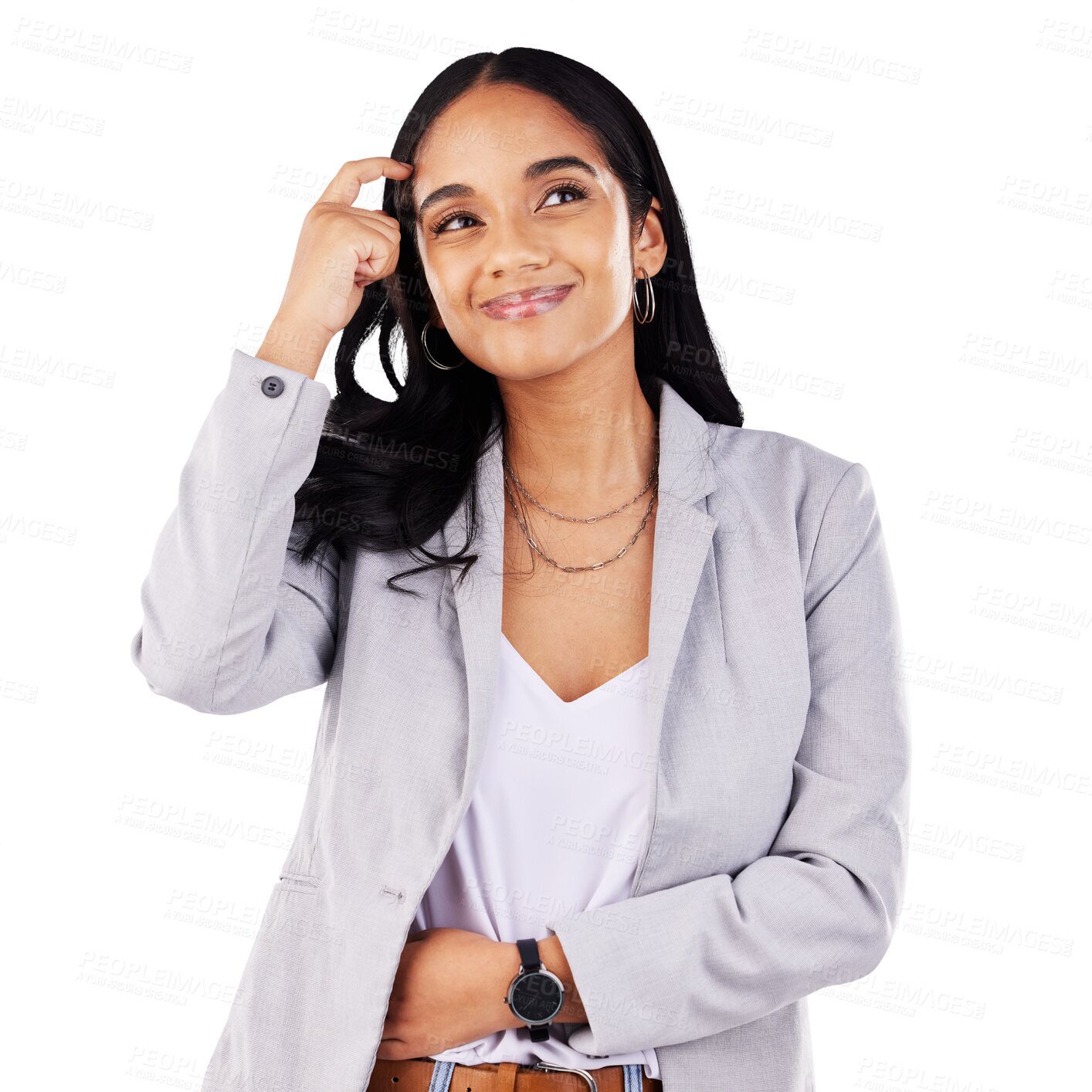 Buy stock photo Face, businesswoman and thinking of vision with smile for future, planning and decision. Female person, professional and doubt for work, career and strategy on isolated or transparent png background