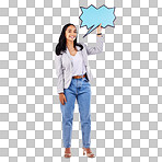 Speech bubble, portrait and woman in studio, white background and mockup space of voice, opinion and ideas. Happy female model, poster and feedback for social media news, review and chat sign board