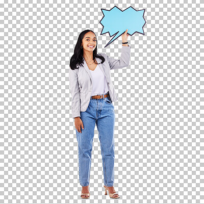 Buy stock photo Business woman, speech bubble and fashion or marketing communication, chat poster and social media quote. Portrait of professional in jeans and creative mockup isolated on transparent, PNG background