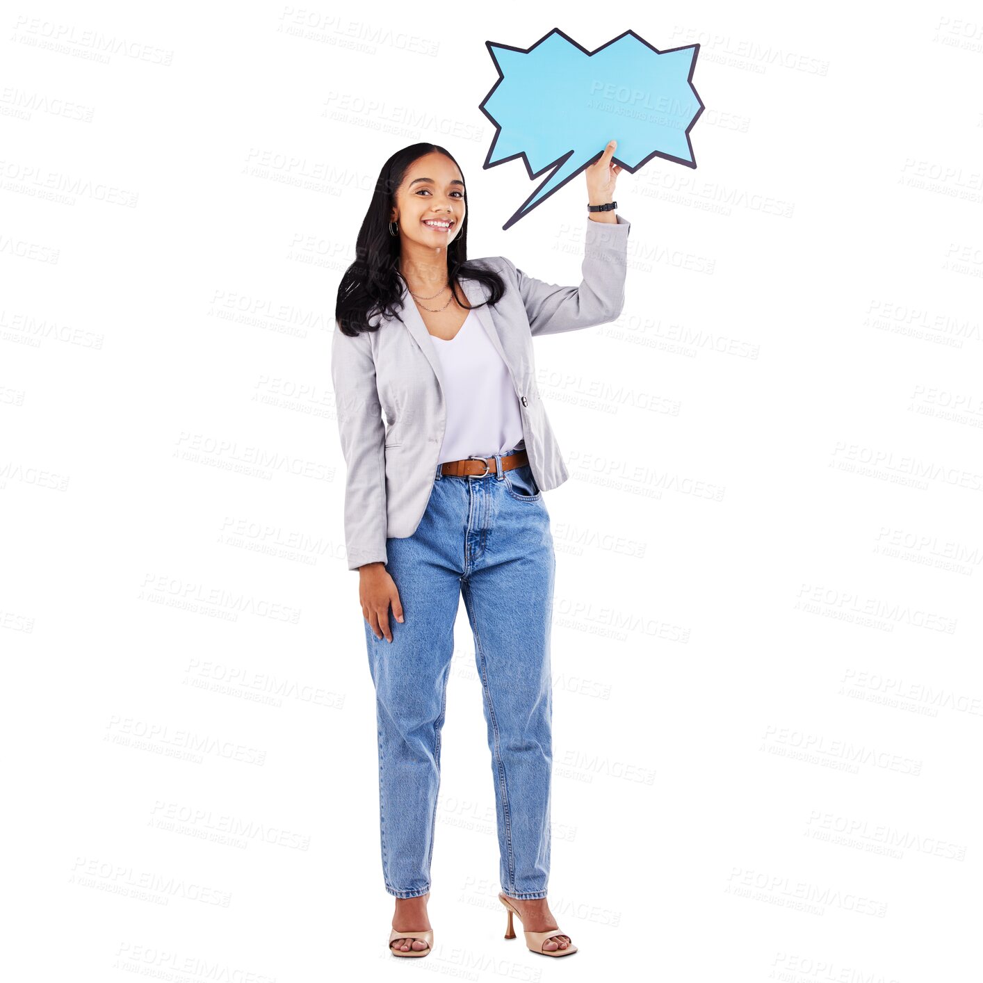 Buy stock photo Business woman, speech bubble and fashion or marketing communication, chat poster and social media quote. Portrait of professional in jeans and creative mockup isolated on transparent, PNG background