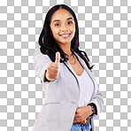 Thumbs up, portrait and business woman for success in studio, white background and winning news. Happy female model, ok emoji and like sign for feedback, review and vote yes in agreement of promotion