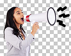 Business woman, megaphone or announcement in studio, white background and freedom of speech, loud noise and breaking news. Female worker shouting with voice, attention and audio speaker to broadcast