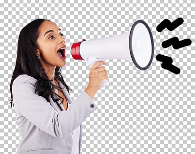 Buy stock photo Business woman, megaphone and noise for announcement, freedom of speech and broadcast, sale or vote. Young professional person or speaker shouting for attention isolated on transparent PNG background