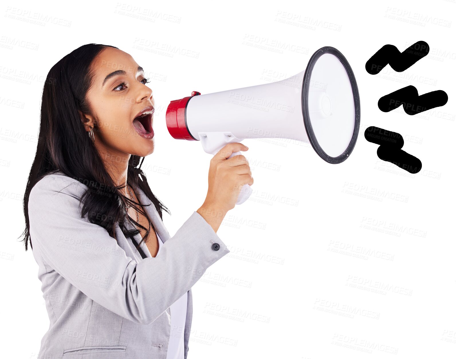 Buy stock photo Business woman, megaphone and noise for announcement, freedom of speech and broadcast, sale or vote. Young professional person or speaker shouting for attention isolated on transparent PNG background